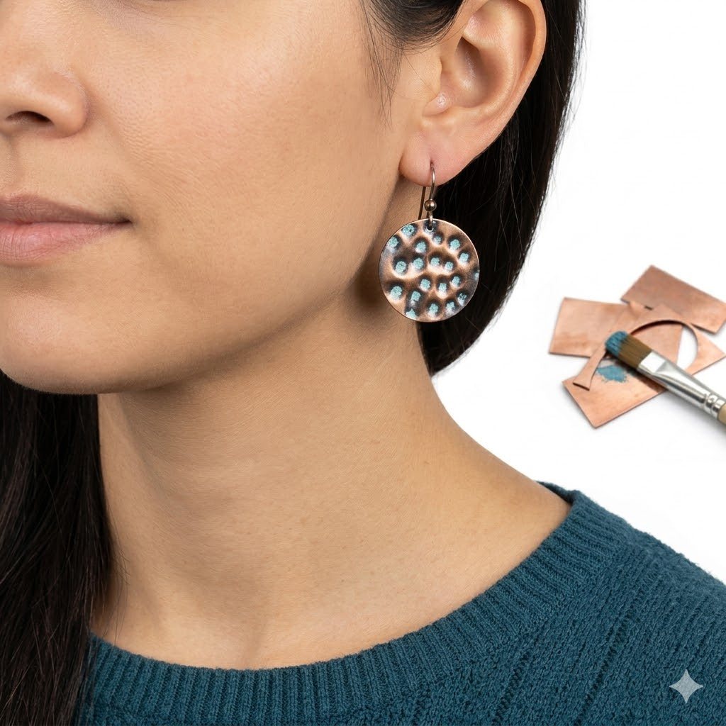 Close-up of a person wearing a copper earring with a textured design