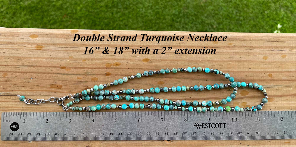 
                      
                        Double Strand Hubei Turquoise and Antiqued Sterling Silver Bead Necklace
                      
                    