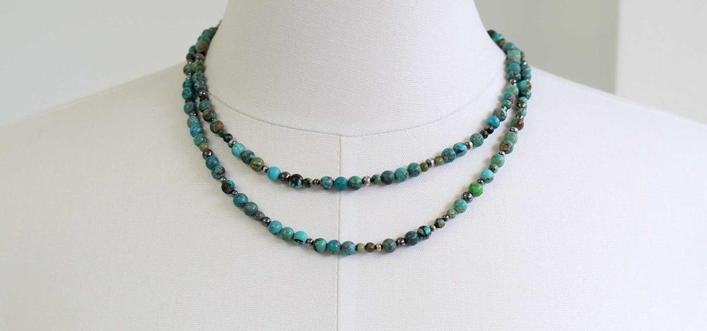 
                      
                        Double Strand Hubei Turquoise and Antiqued Sterling Silver Bead Necklace
                      
                    