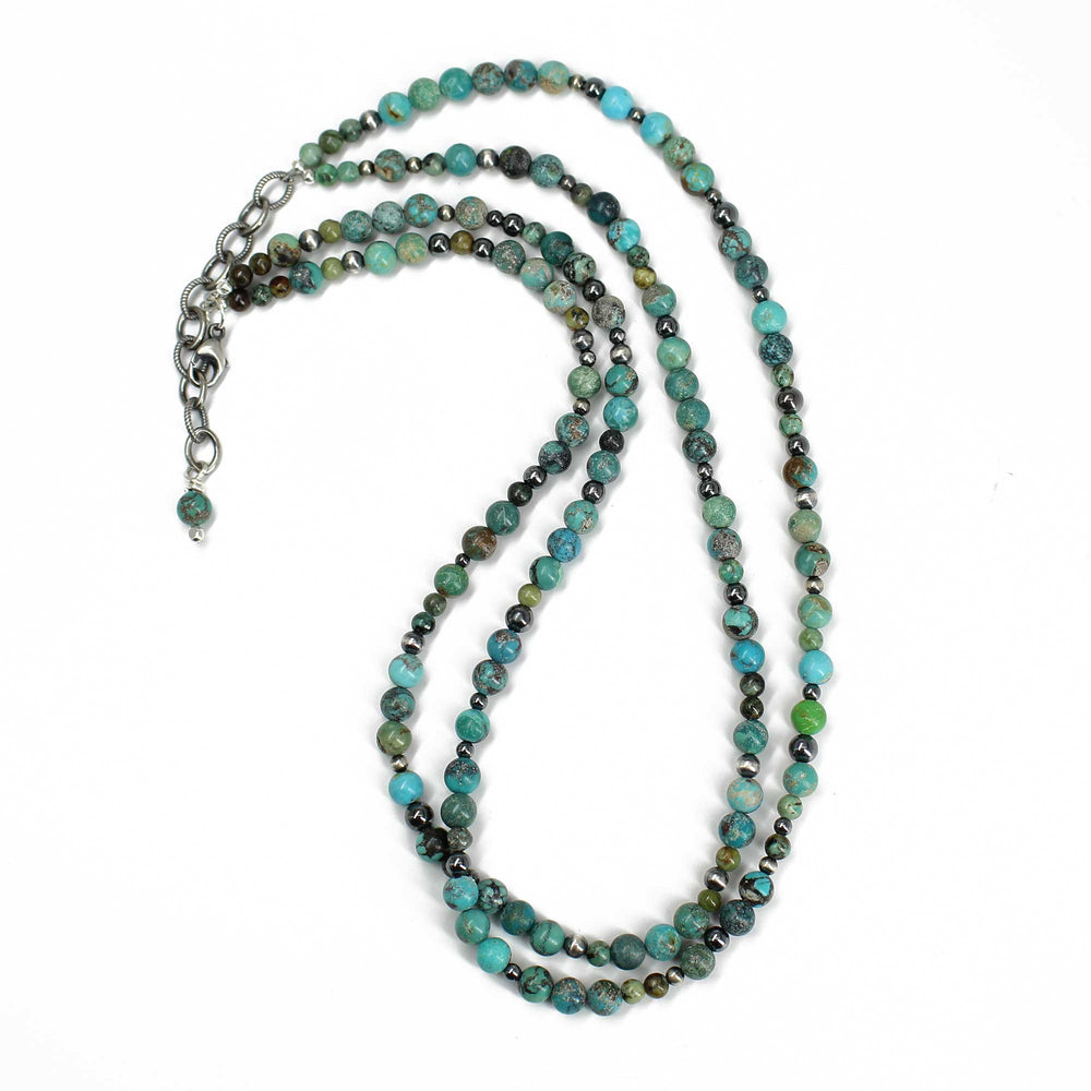 
                      
                        Double Strand Hubei Turquoise and Antiqued Sterling Silver Bead Necklace
                      
                    