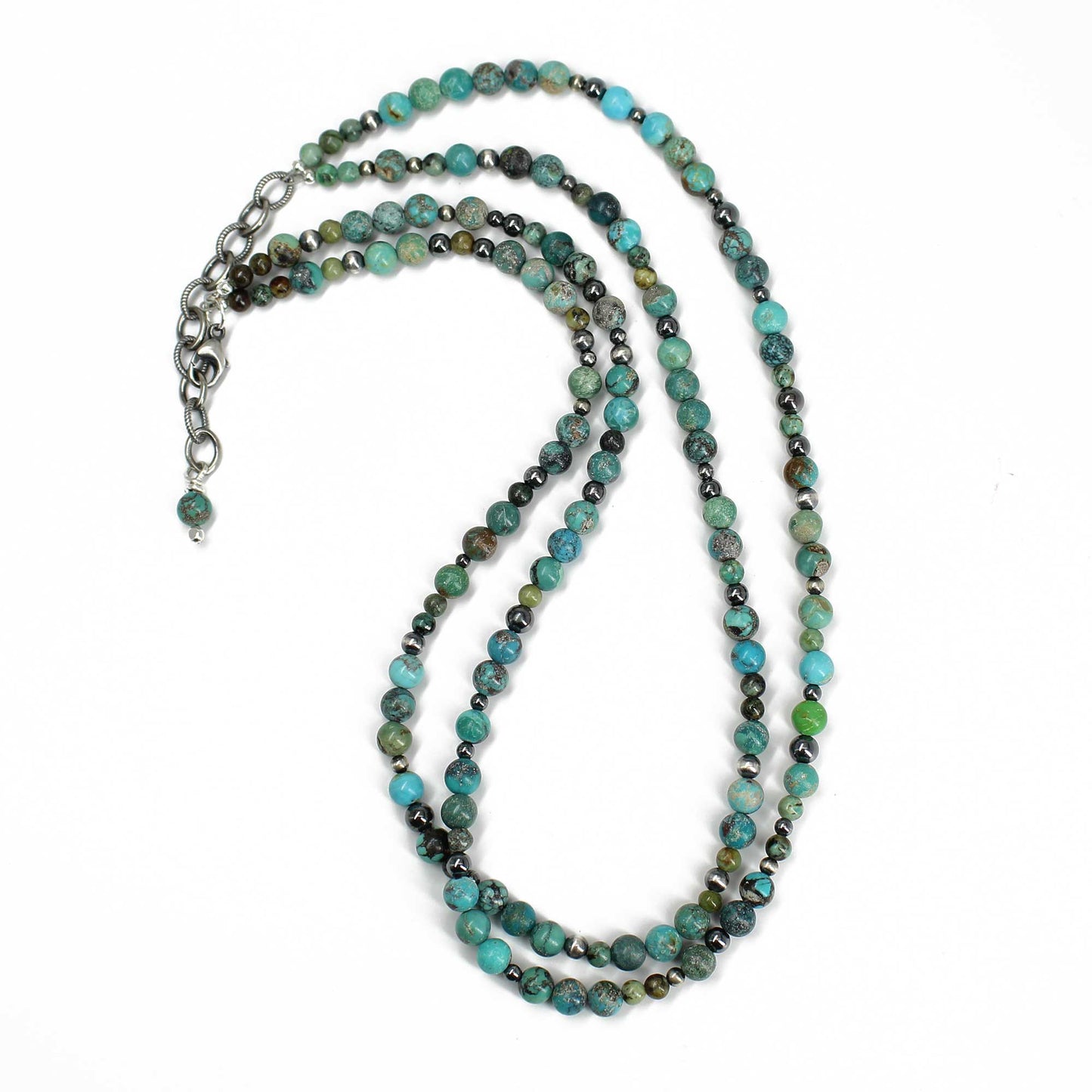 Double Strand Hubei Turquoise and Antiqued Sterling Silver Bead Necklace