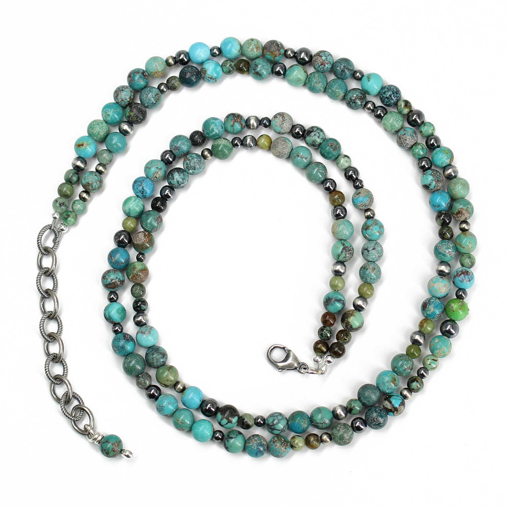 
                      
                        Double Strand Hubei Turquoise and Antiqued Sterling Silver Bead Necklace
                      
                    