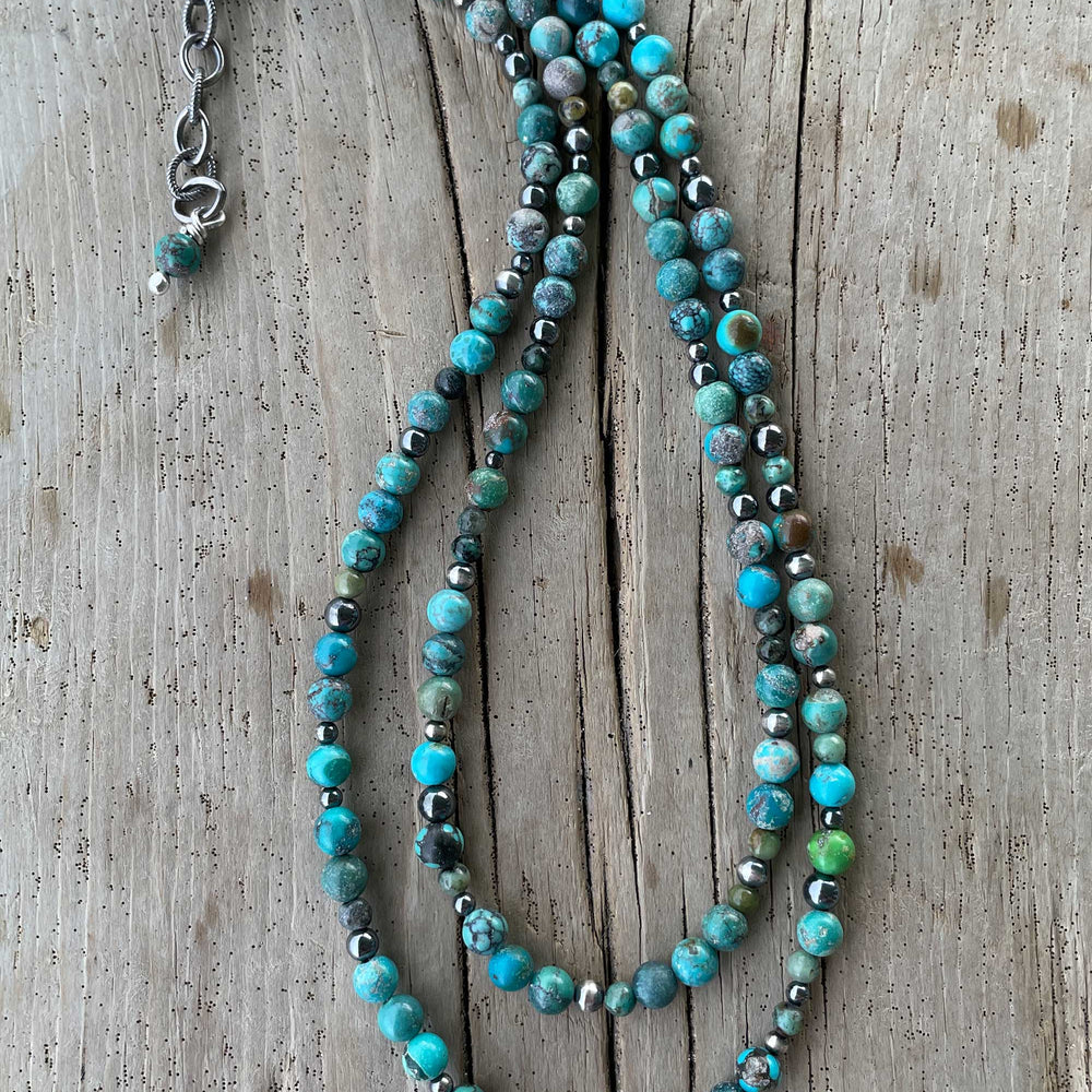 
                      
                        Double Strand Hubei Turquoise and Antiqued Sterling Silver Bead Necklace
                      
                    