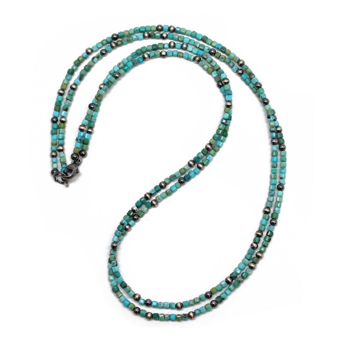 Dainty Double Strand Hubei Turquoise and Antiqued Sterling Silver Bead Necklace