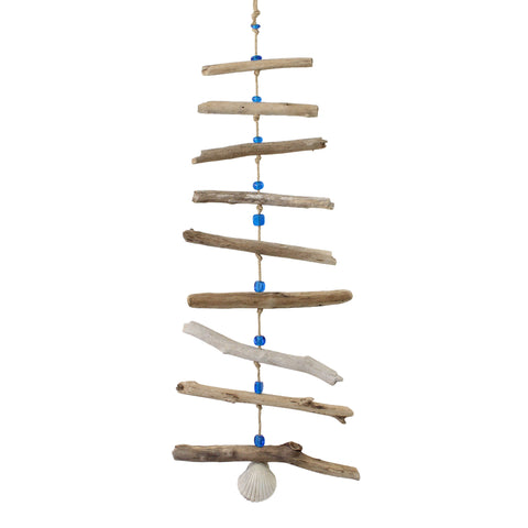 Driftwood and Shell Mobile with Aqua Blue Beads