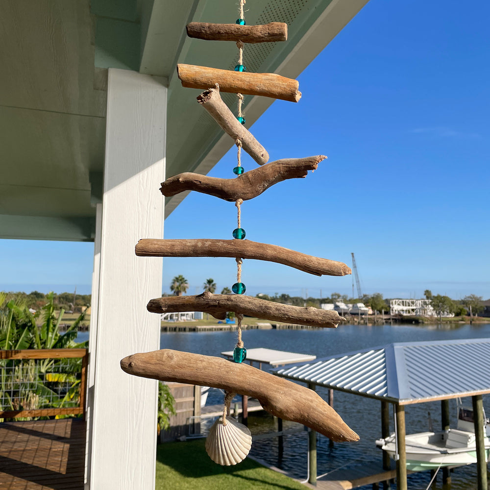 Driftwood and Shell Mobile with Aqua Blue Beads