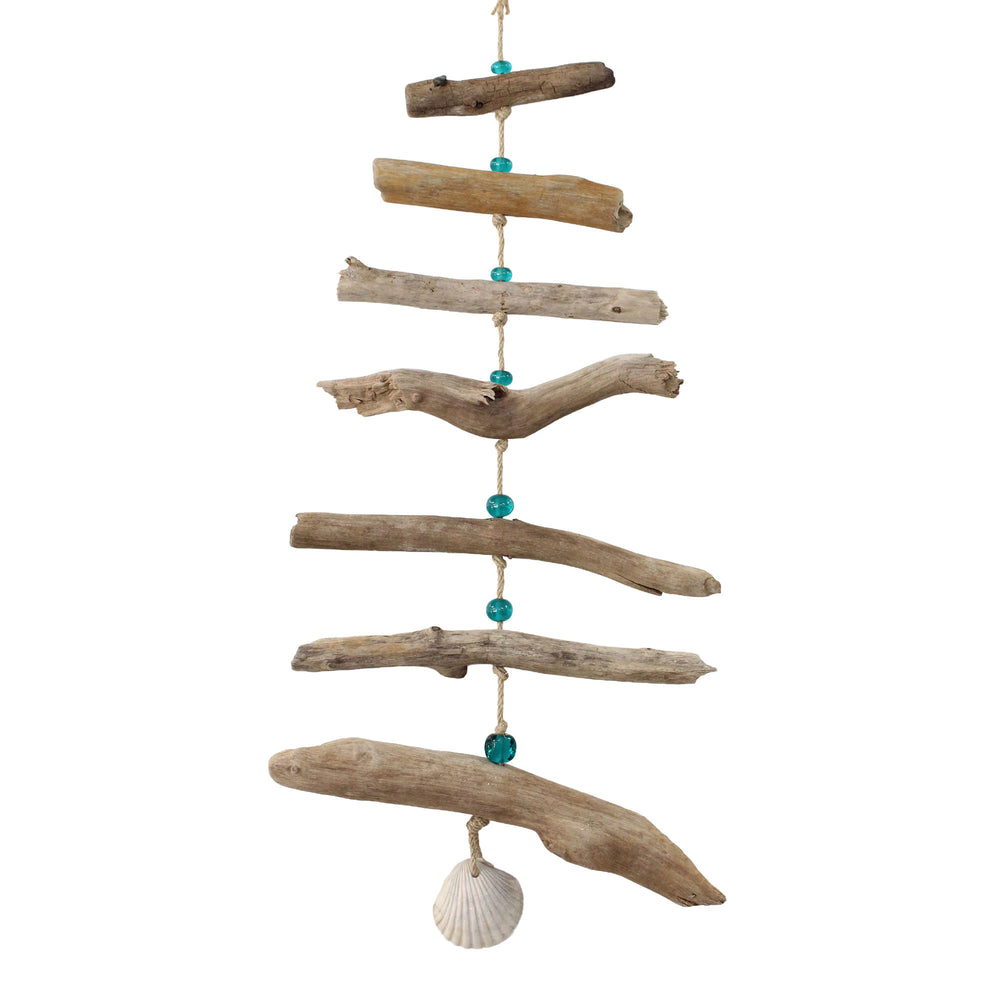 Driftwood and Shell Mobile with Aqua Blue Beads