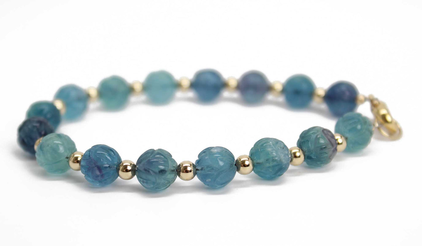 Hand Carved Fluorite and Gold Bead Bracelet