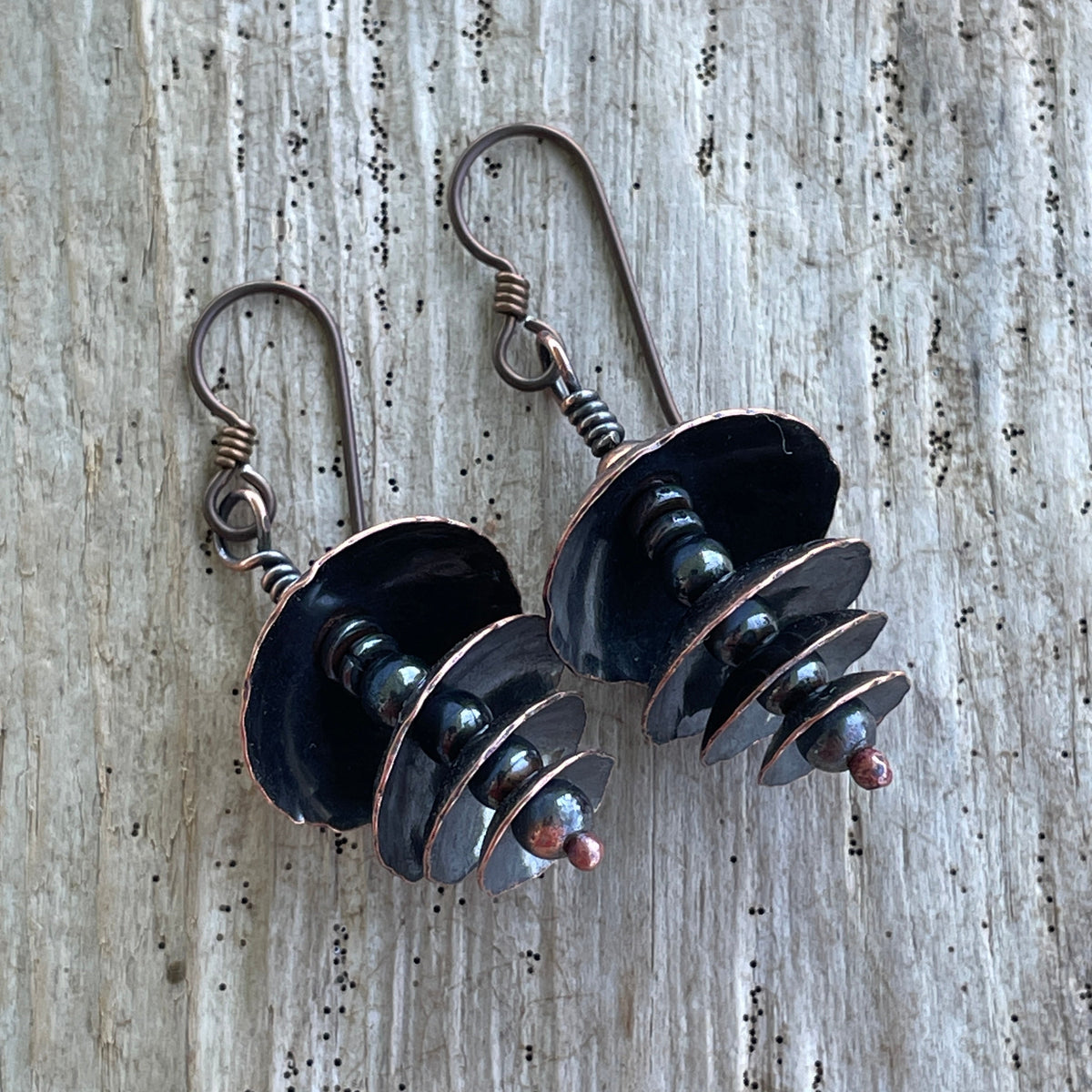 Handmade Copper Pine Cone Earrings, Rustic Woodland Dangles