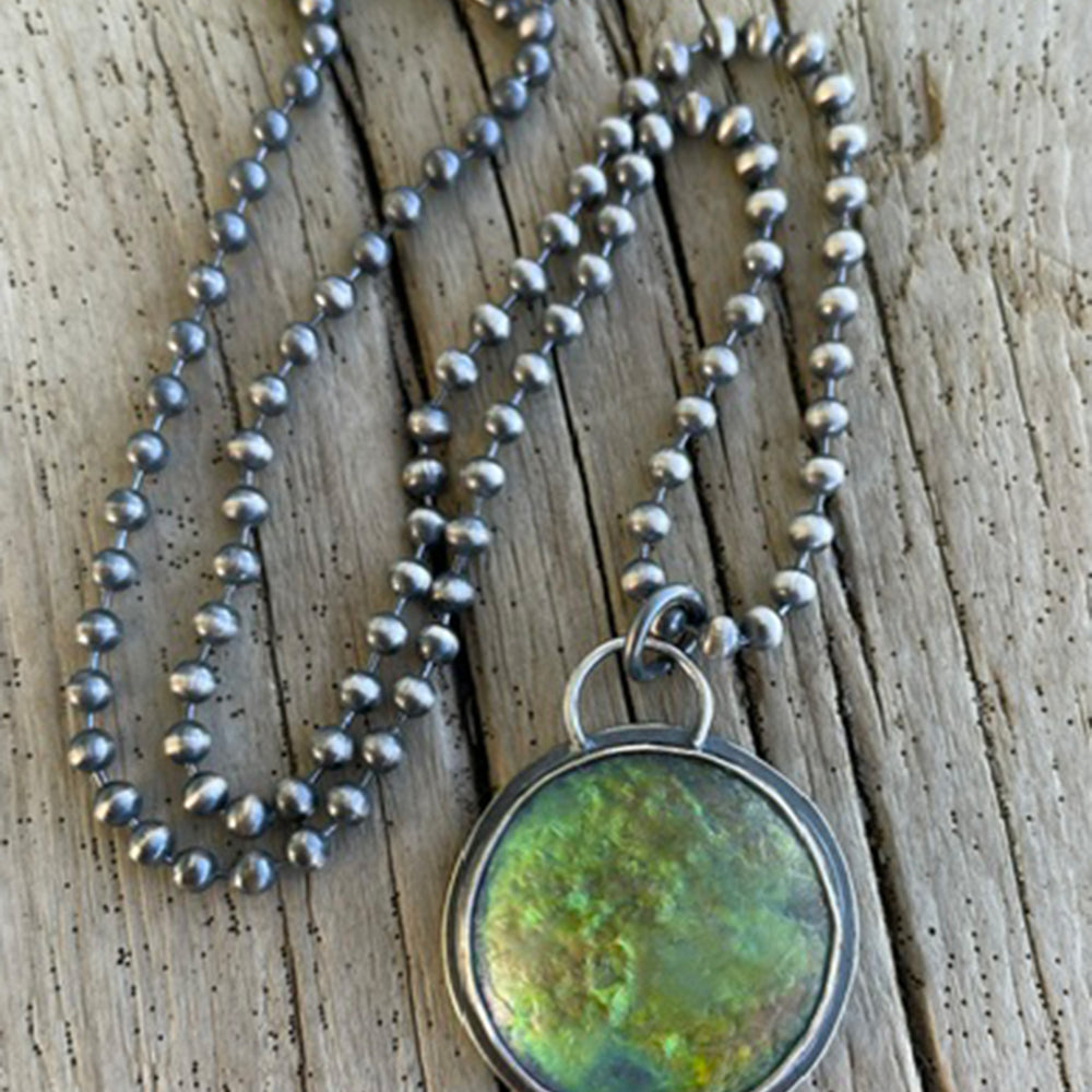 Handmade Sterling Silver & Iridescent Green Glass Pendant Necklace
