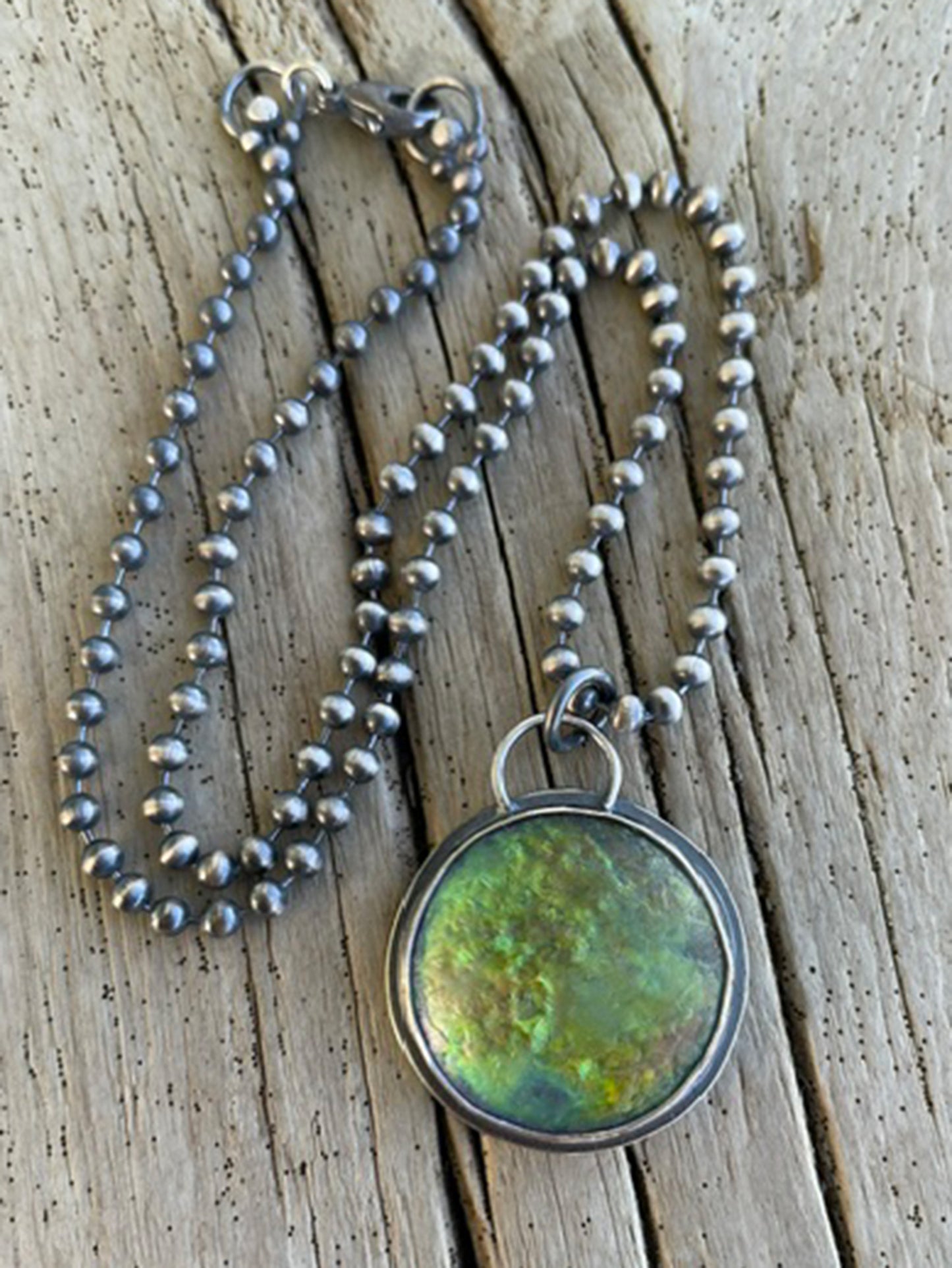 Handmade Sterling Silver & Iridescent Green Glass Pendant Necklace
