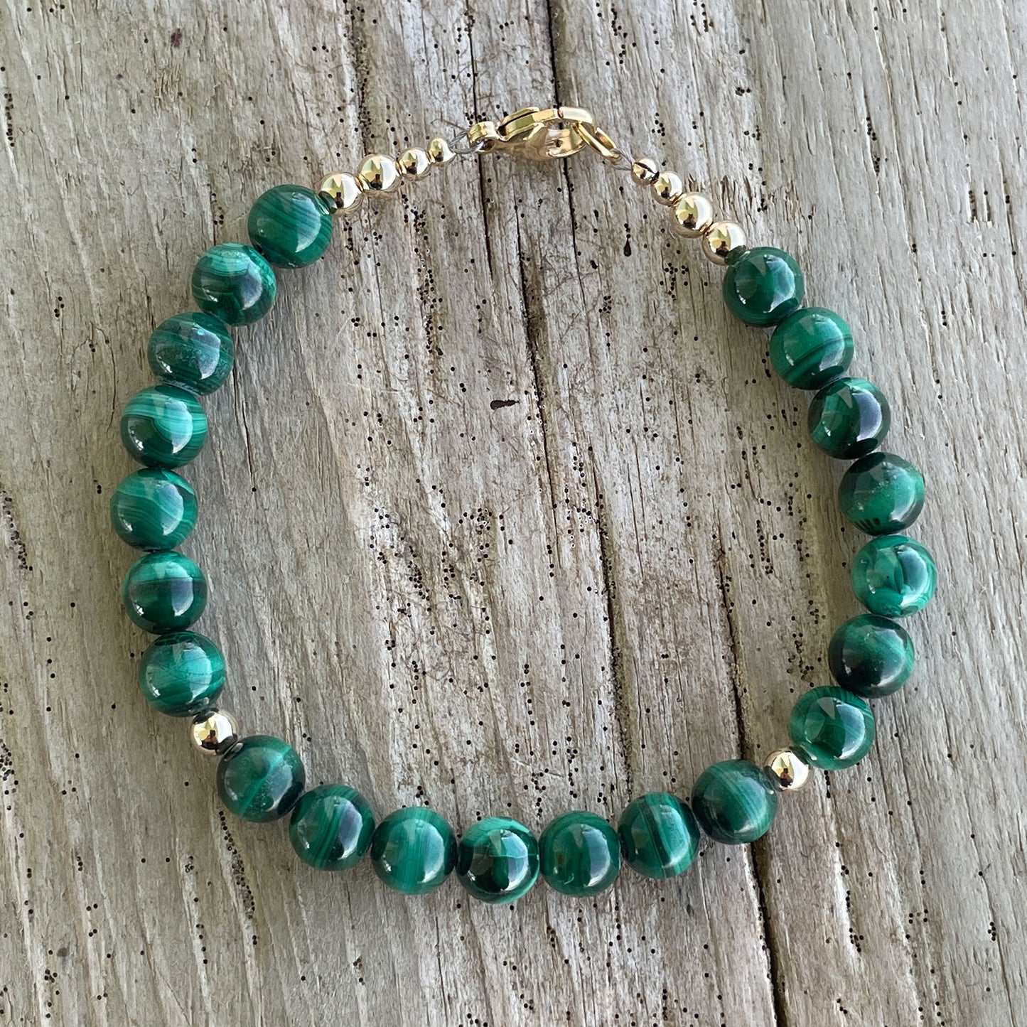 Malachite & Gold-Filled Bead Bracelet 7.5" Long