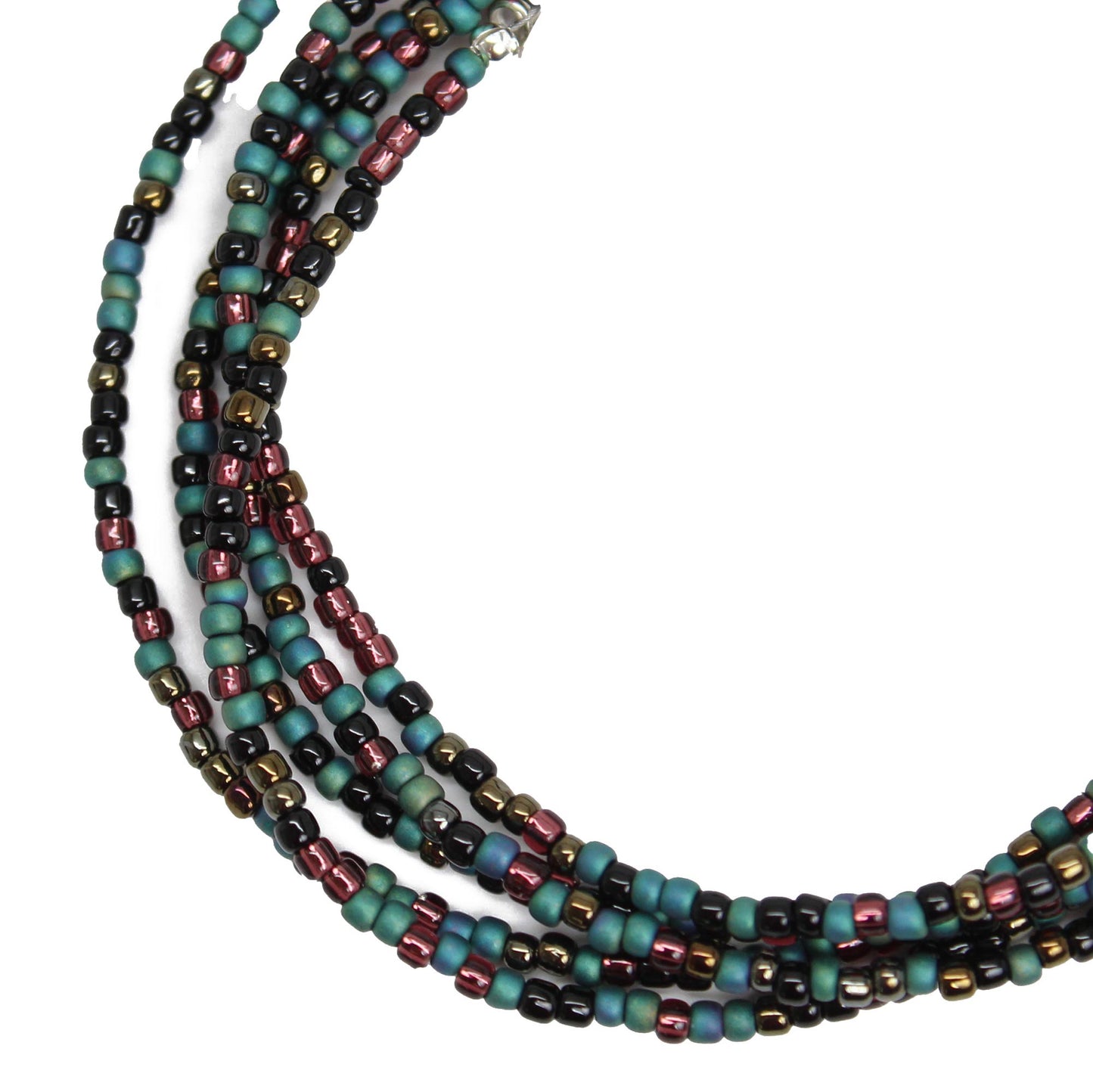 Mixed Teal Green Black and Plum Seed Bead Necklace, Thin 1.5mm Single Strand