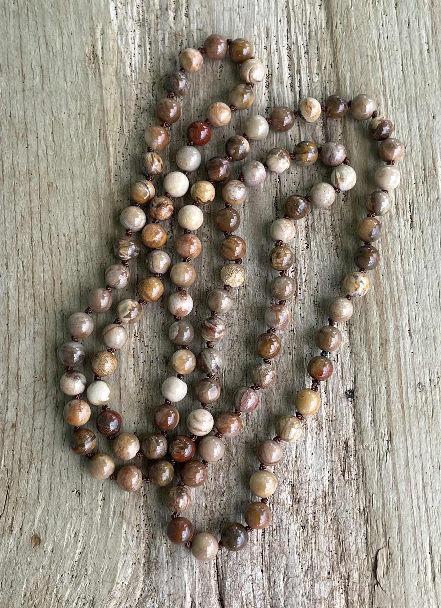 Petrified Wood Bead Necklace: Hand-Knotted Silk, 30" Endless Strand