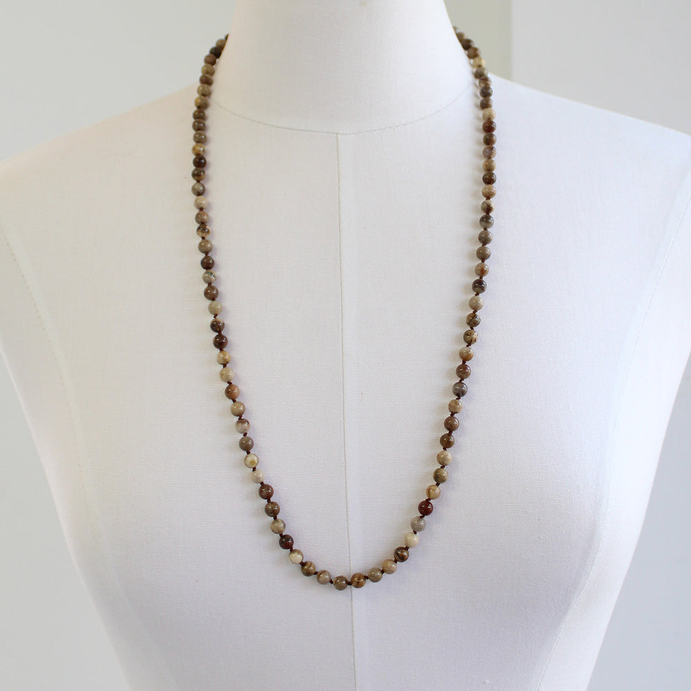 
                      
                        Petrified Wood Bead Necklace: Hand-Knotted Silk, 30" Endless Strand
                      
                    