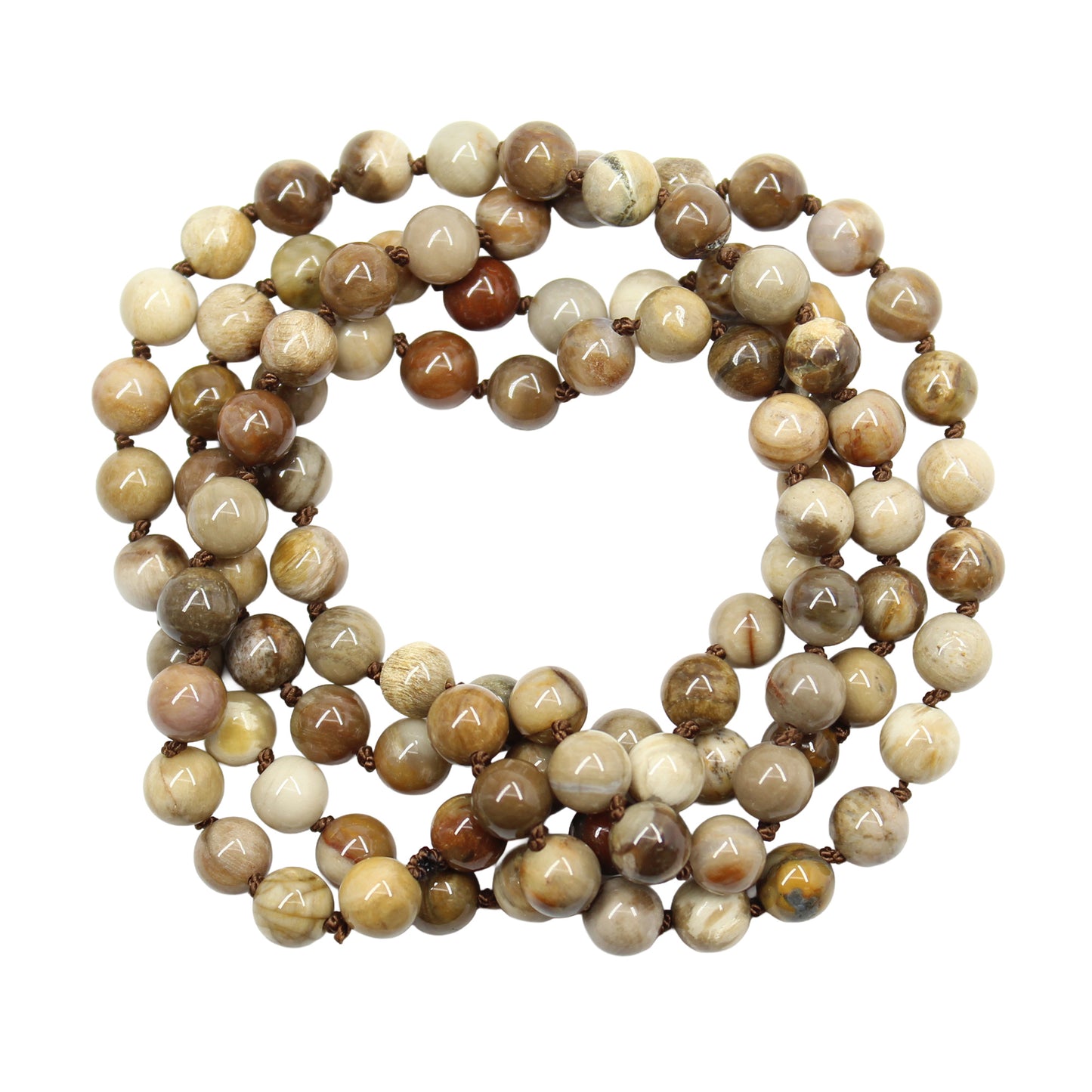 Petrified Wood Bead Necklace: Hand-Knotted Silk, 30" Endless Strand
