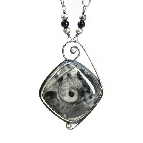 Picasso Ammonite Fossil  Black Onyx Necklace in Sterling Silver with Secret Message