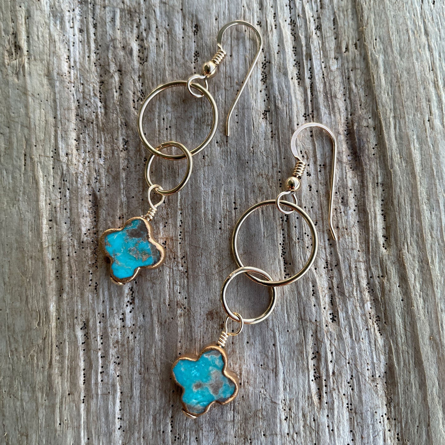 Handmade Yellow Gold and Turquoise Clover Dangle Earrings