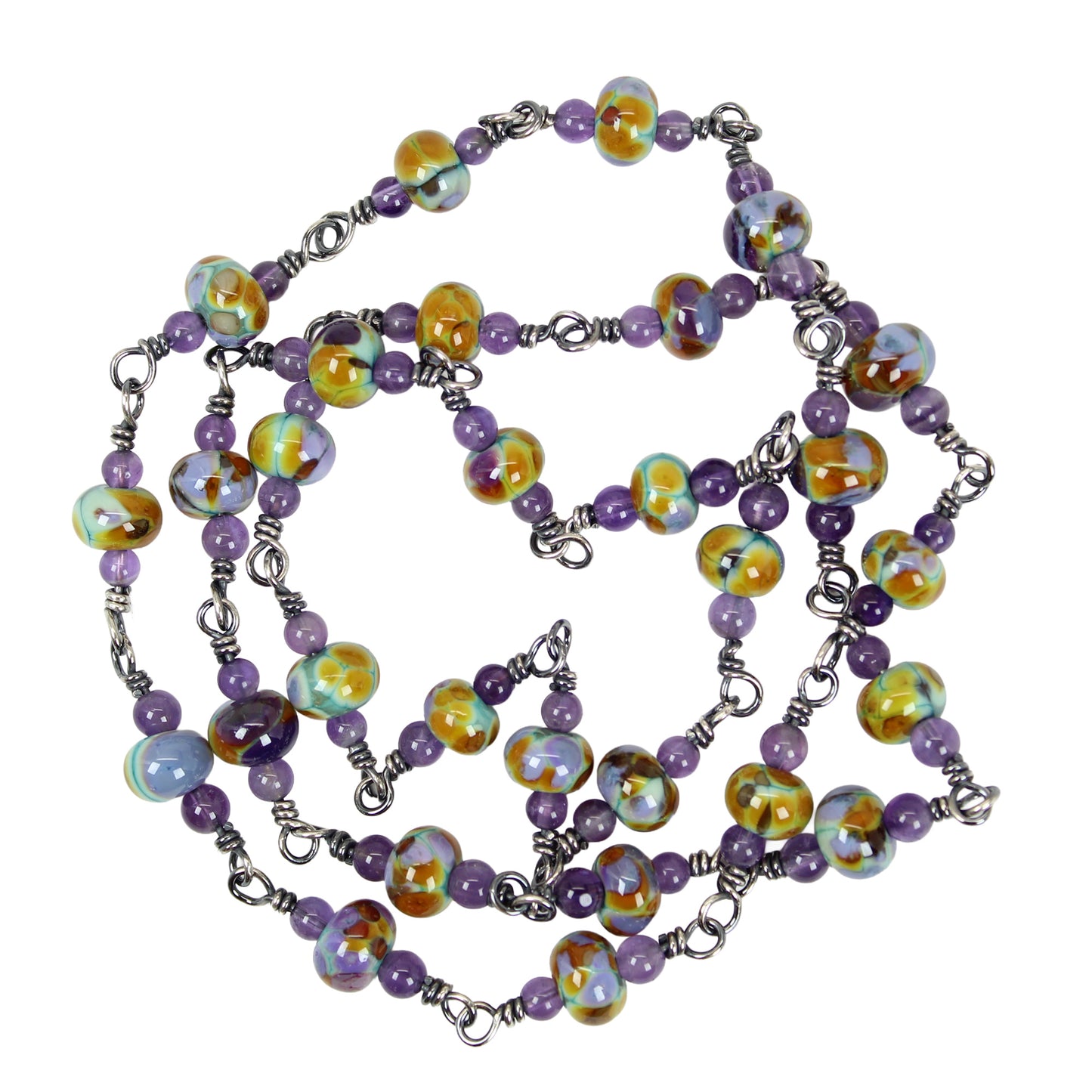Handmade Lampwork and Amethyst Bead Necklace, 28" L