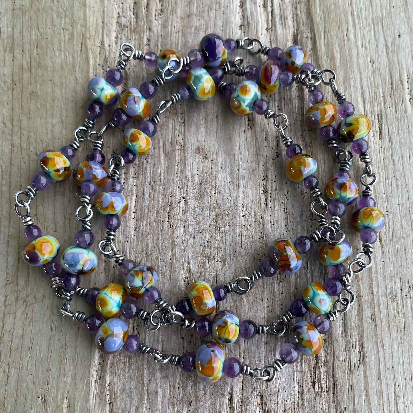 Handmade Lampwork and Amethyst Bead Necklace, 28" L