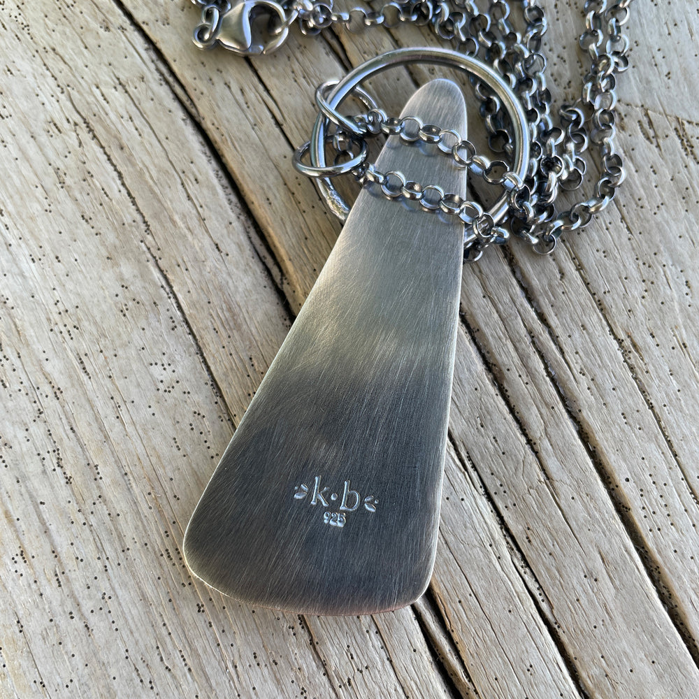 
                      
                        Handmade Sterling Silver Crazy Lace Agate Pendant Necklace Backside signed and hallmarked
                      
                    