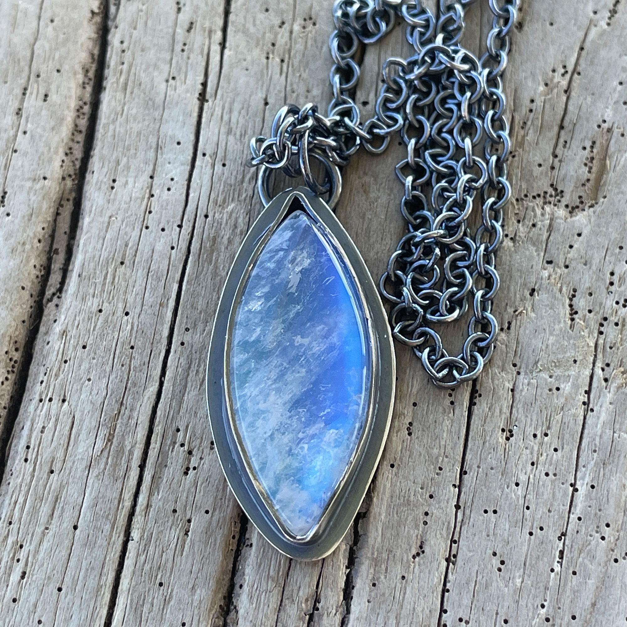 Handmade Marquise Moonstone Necklace in Oxidized Sterling Silver