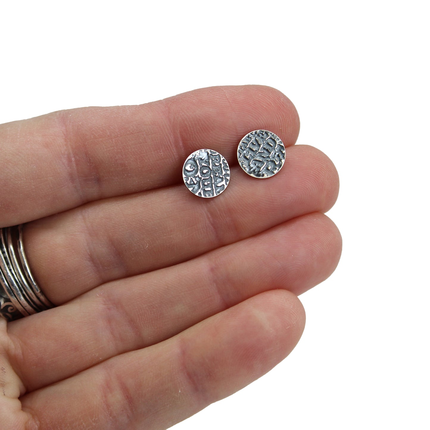Rustic Etched Sterling Silver Round Flat Earrings 9mm