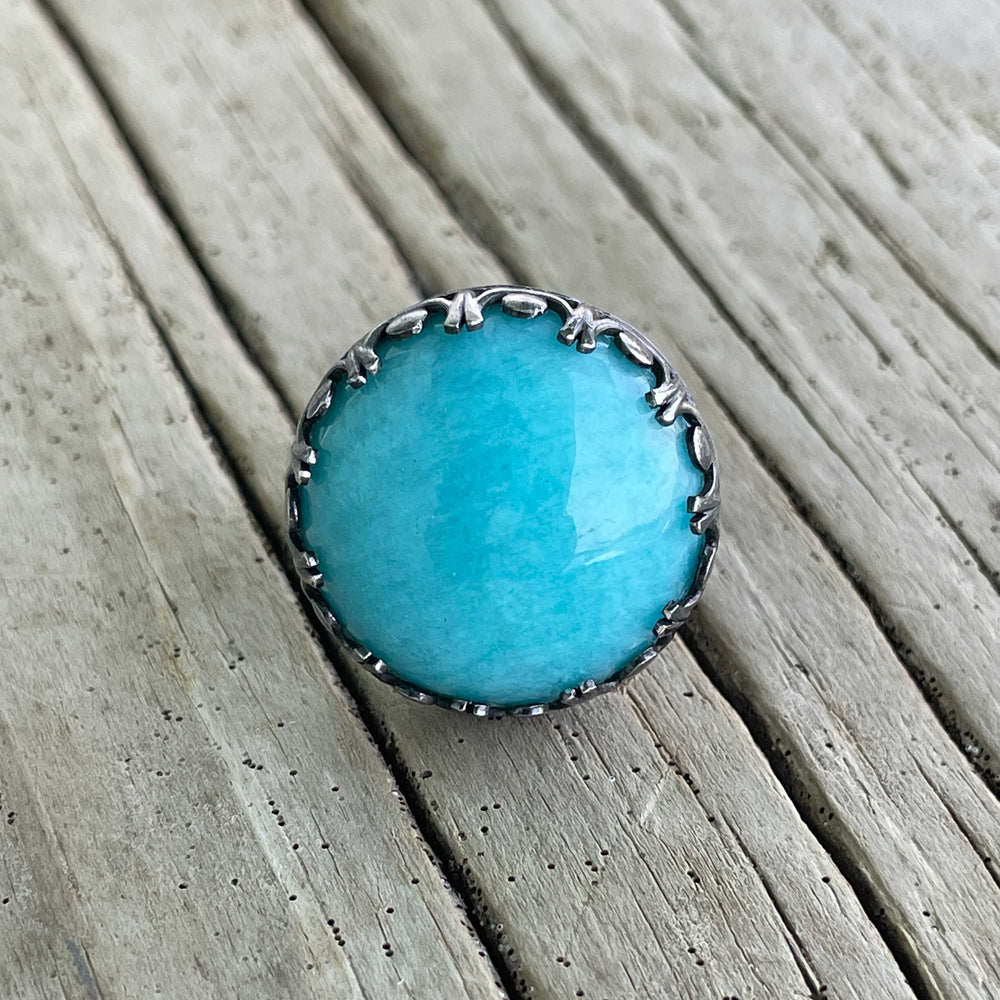 Amazonite Ring in Sterling Silver Bezel Setting, Size 8 US