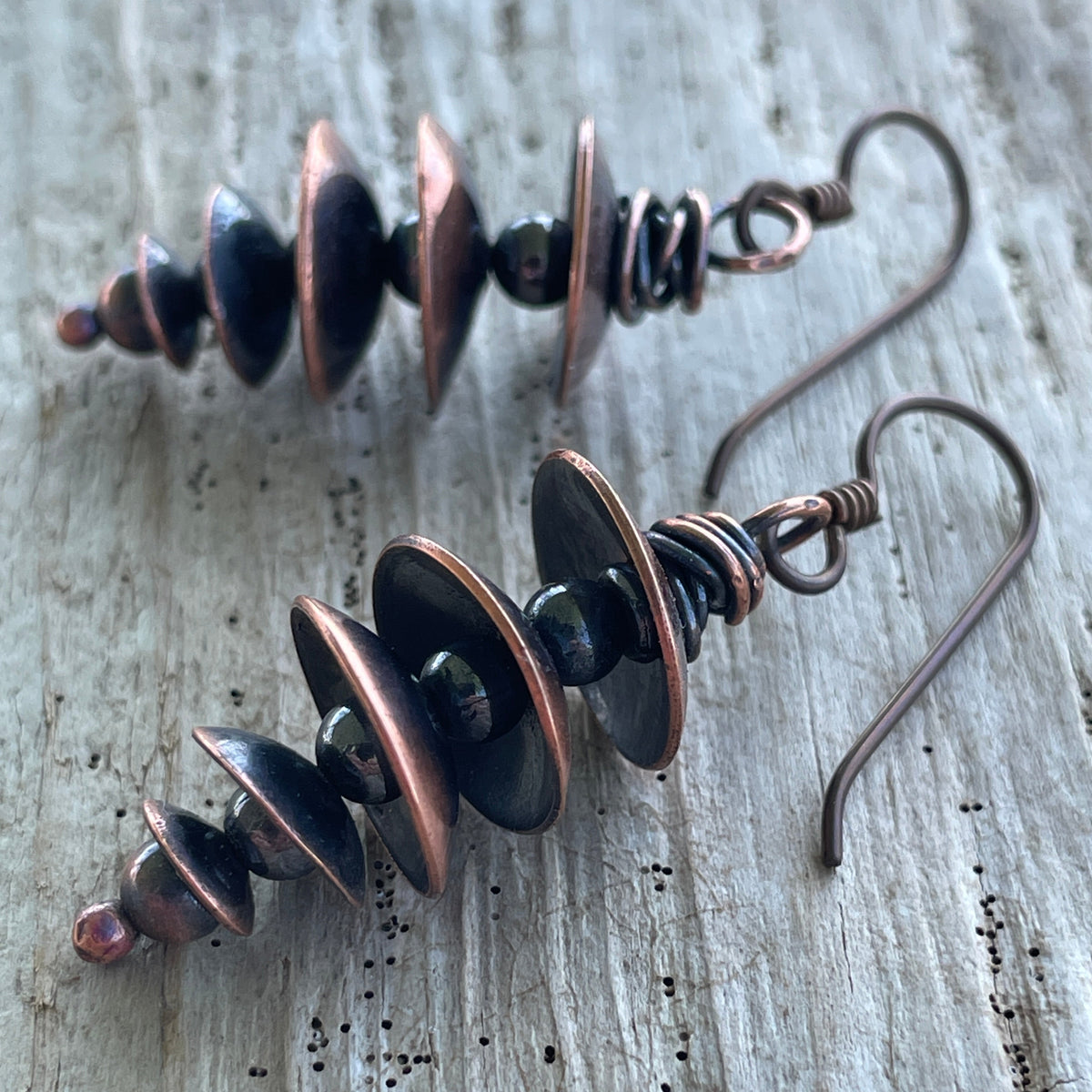 Handmade Stacked Copper Dangle Earrings with Niobium Ear Wires