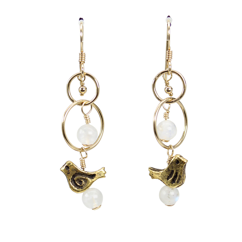Handmade Moonstone and Gold Bird Dangle Earrings