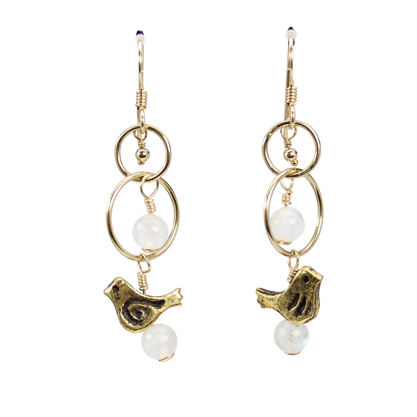 Handmade Moonstone and Gold Bird Dangle Earrings