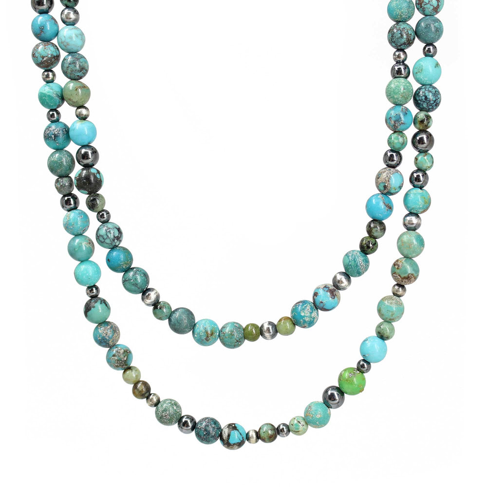 
                      
                        Double Strand Hubei Turquoise and Antiqued Sterling Silver Bead Necklace
                      
                    