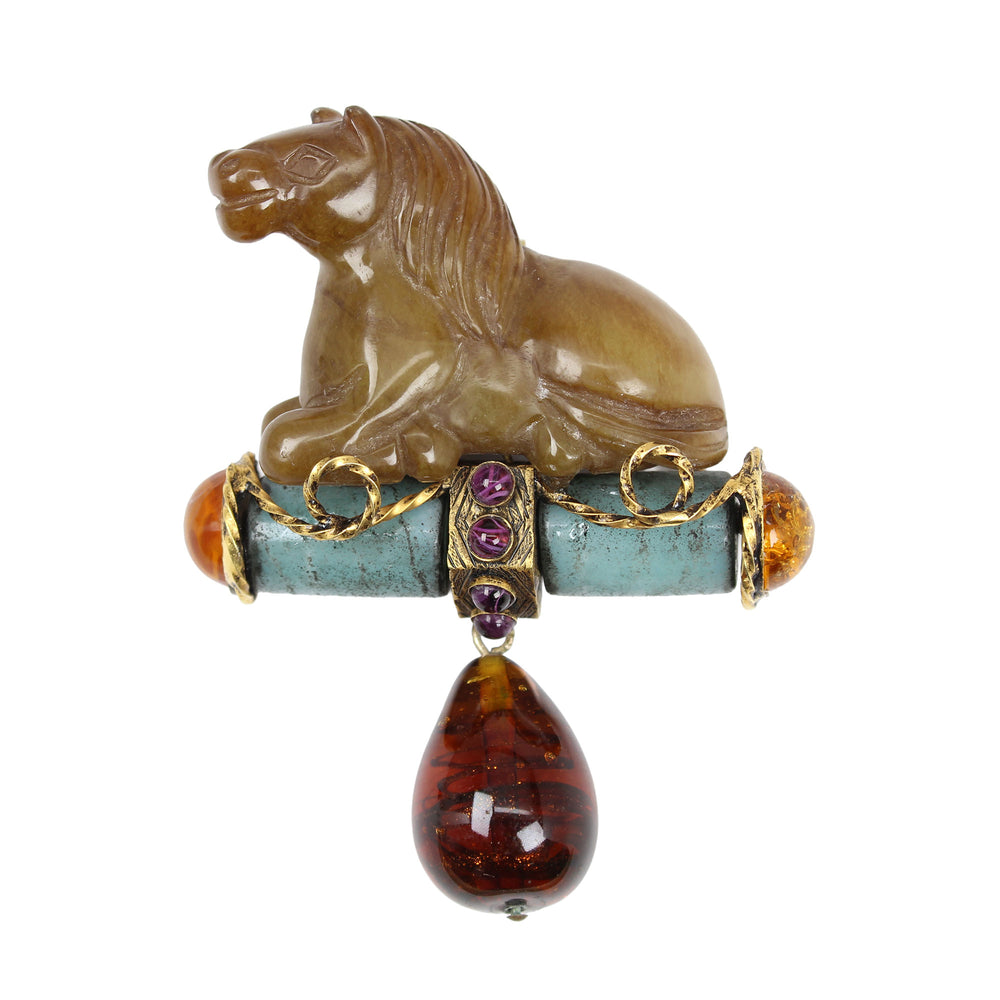 Iradj Moini Carved Stone Horse Brooch with Amber Dangle