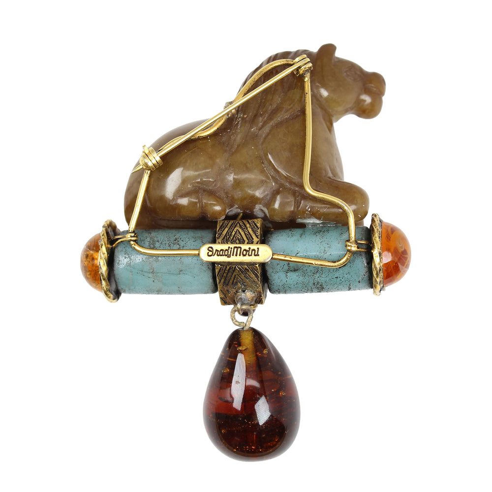 Iradj Moini Carved Stone Horse Brooch with Amber Dangle