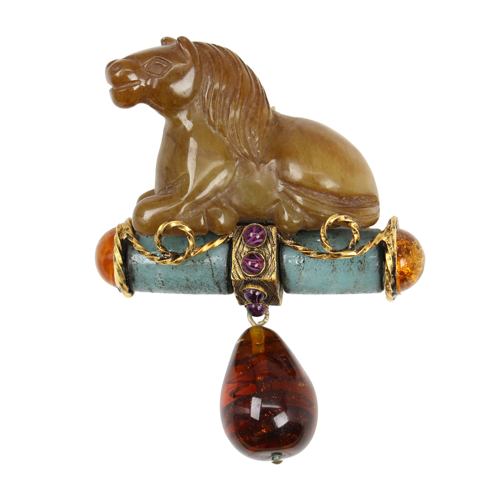 
                      
                        Iradj Moini Carved Stone Horse Brooch with Amber Dangle
                      
                    