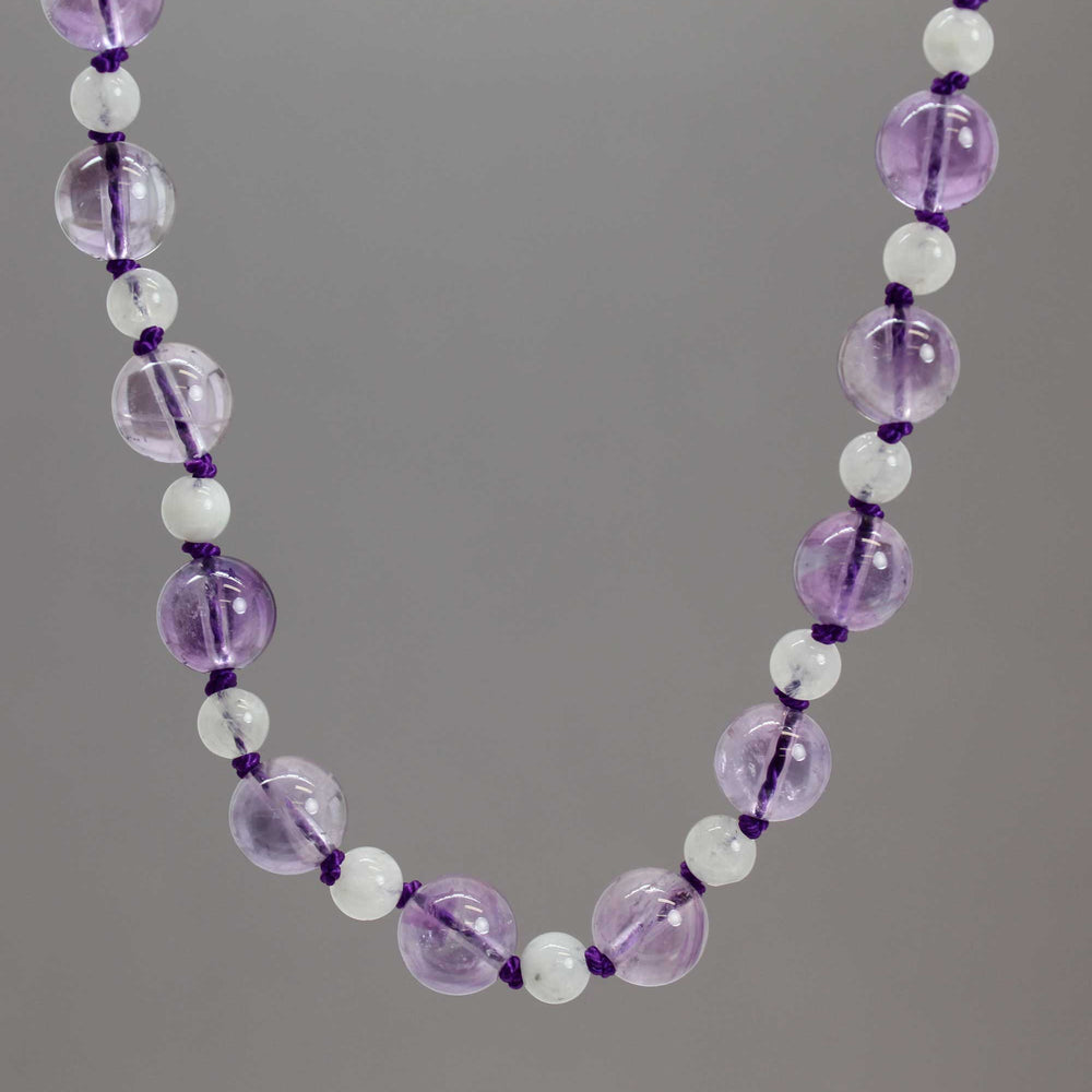 
                      
                        Hand Knotted Amethyst and Moonstone Bead Necklace, 35 Inch Long
                      
                    