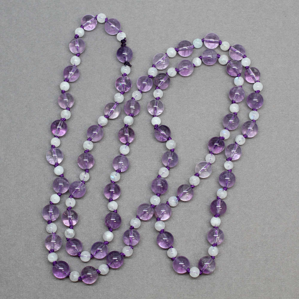 
                      
                        Long Knotted Amethyst and Moonstone Bead Necklace
                      
                    