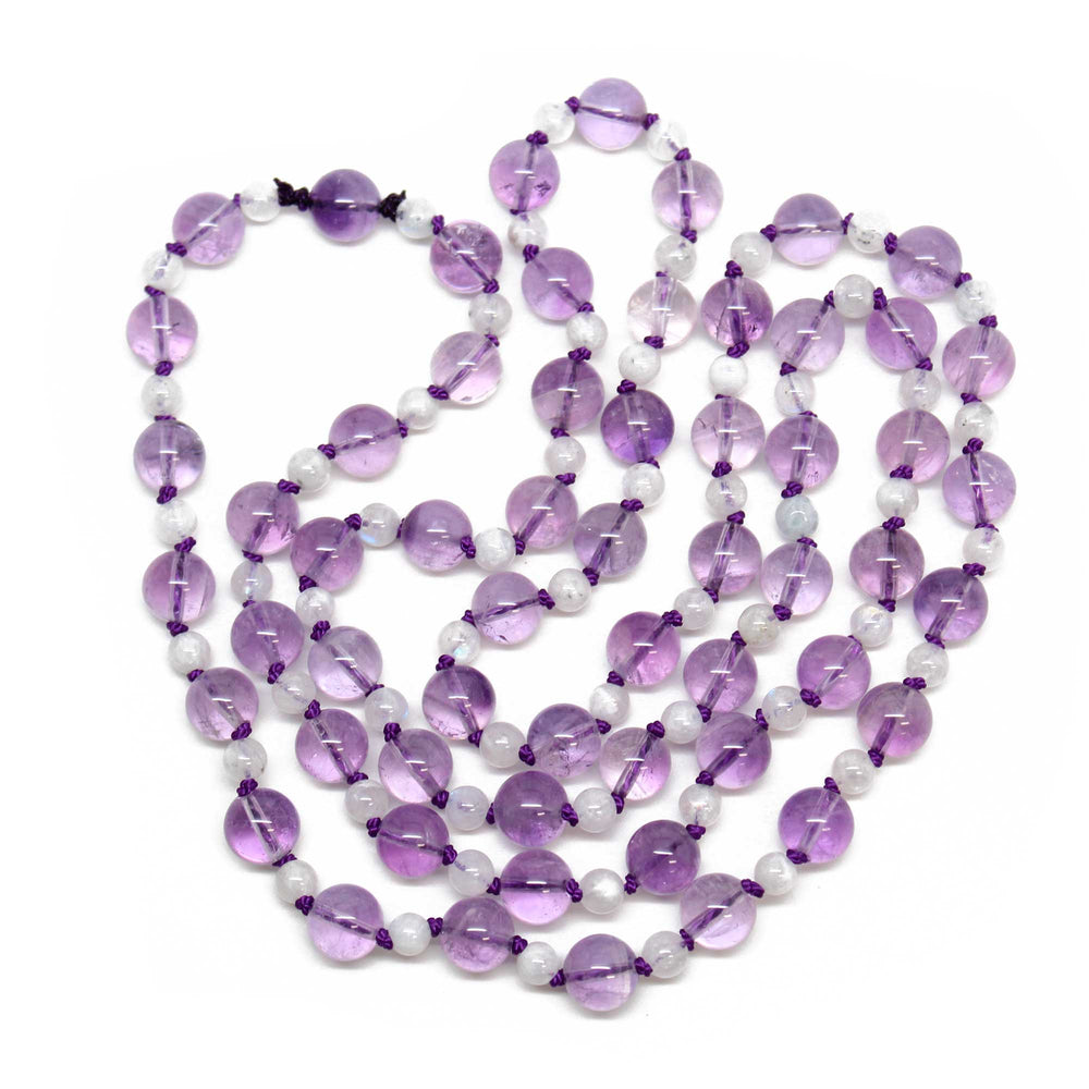 
                      
                        Hand Knotted Amethyst and Moonstone Bead Necklace, 35 Inch Long
                      
                    