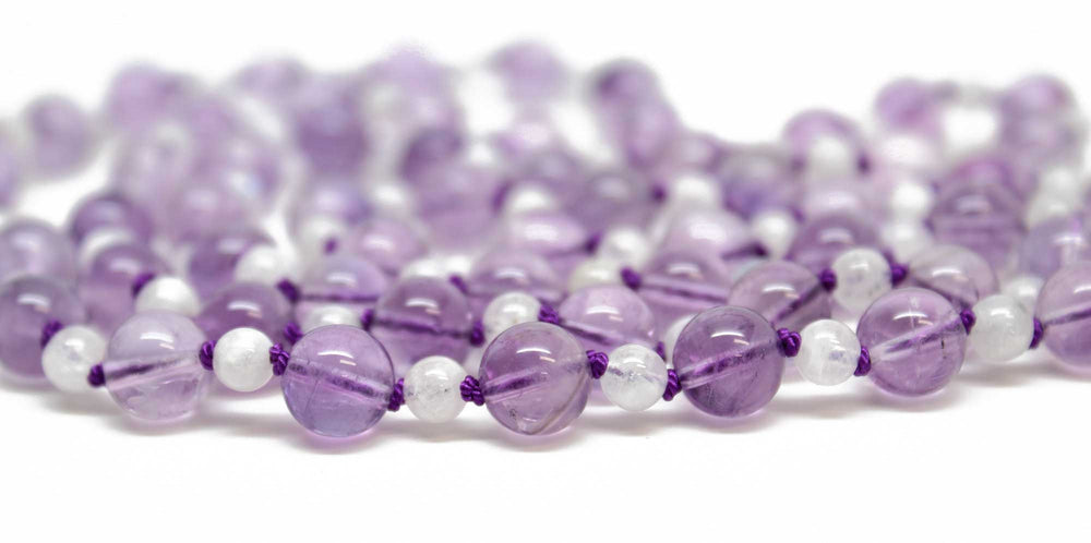 
                      
                        Hand Knotted Amethyst and Moonstone Bead Necklace, 35 Inch Long
                      
                    