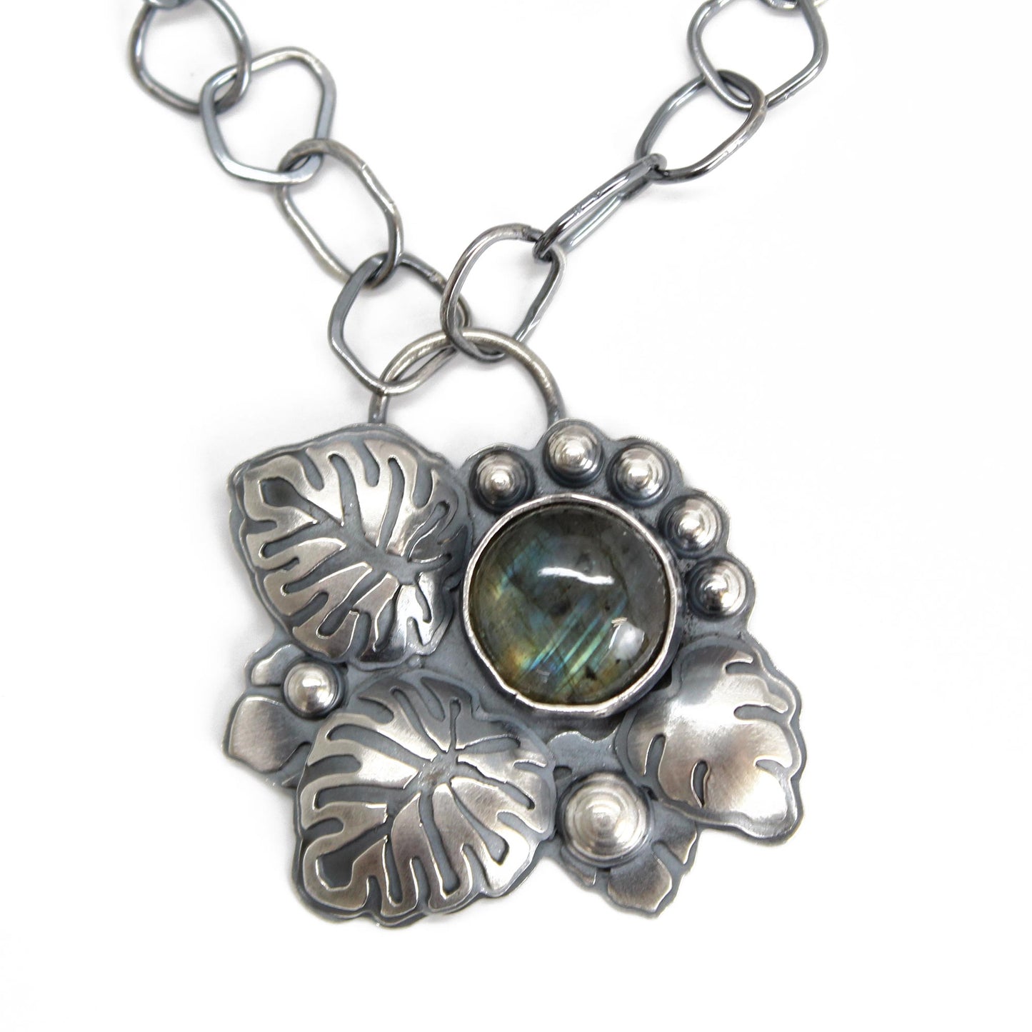 Load image into Gallery viewer, Labradorite Monstera Leaf Necklace in Sterling Silver
