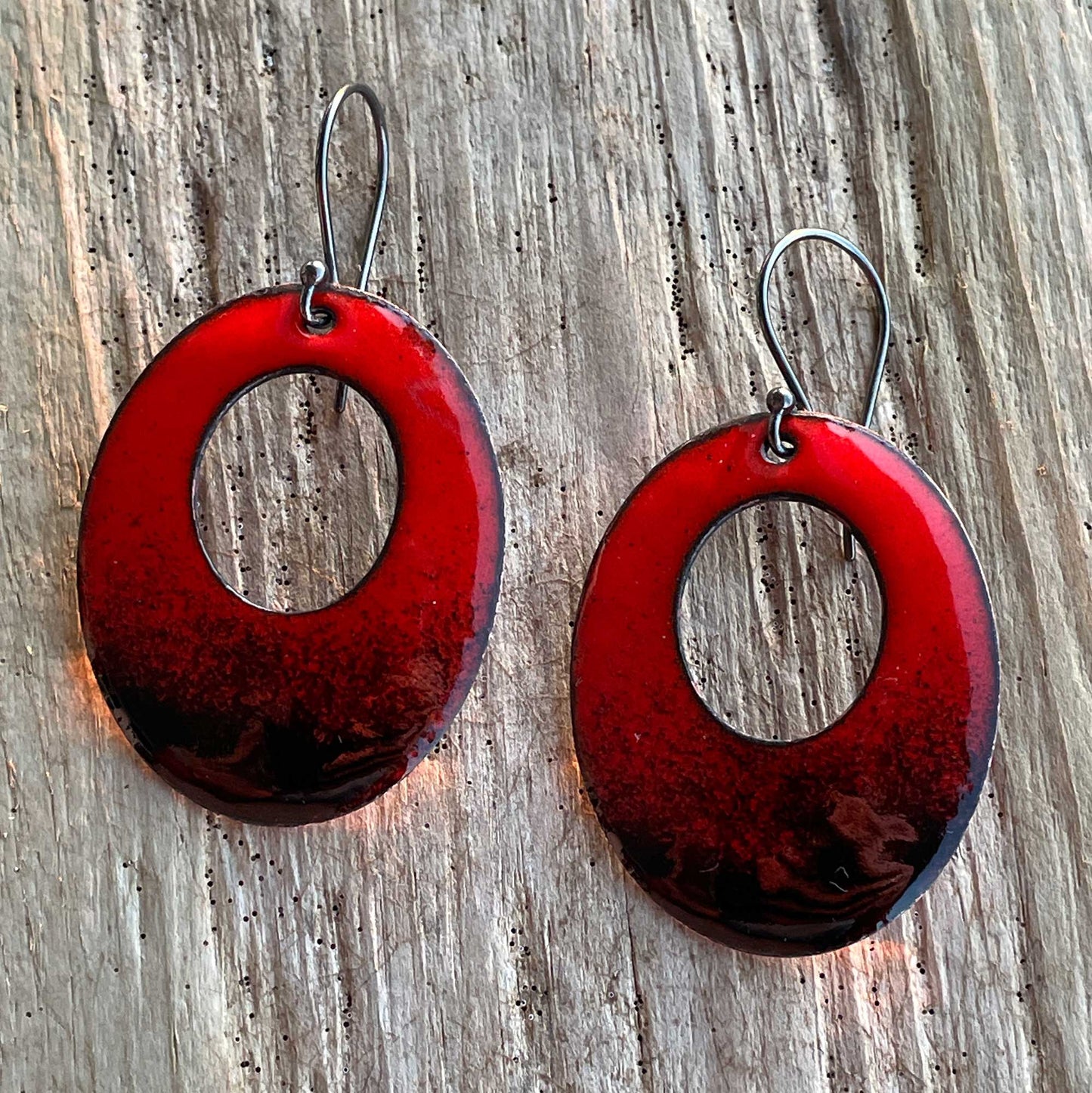 Large Red and Black Enamel Earrings