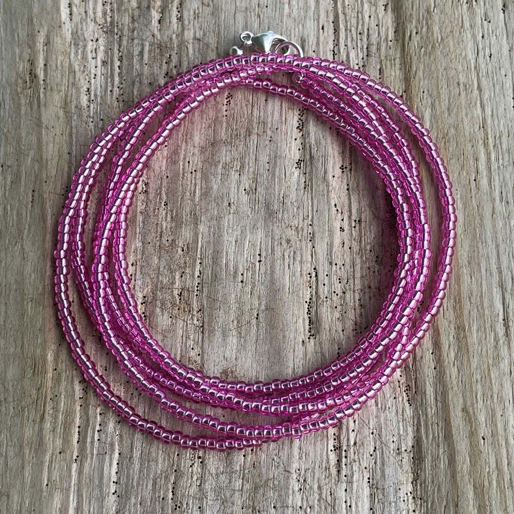 
                      
                        Metallic Pink Parfait Seed Bead Necklace, Thin 1.5mm Single Strand Beaded Necklace
                      
                    