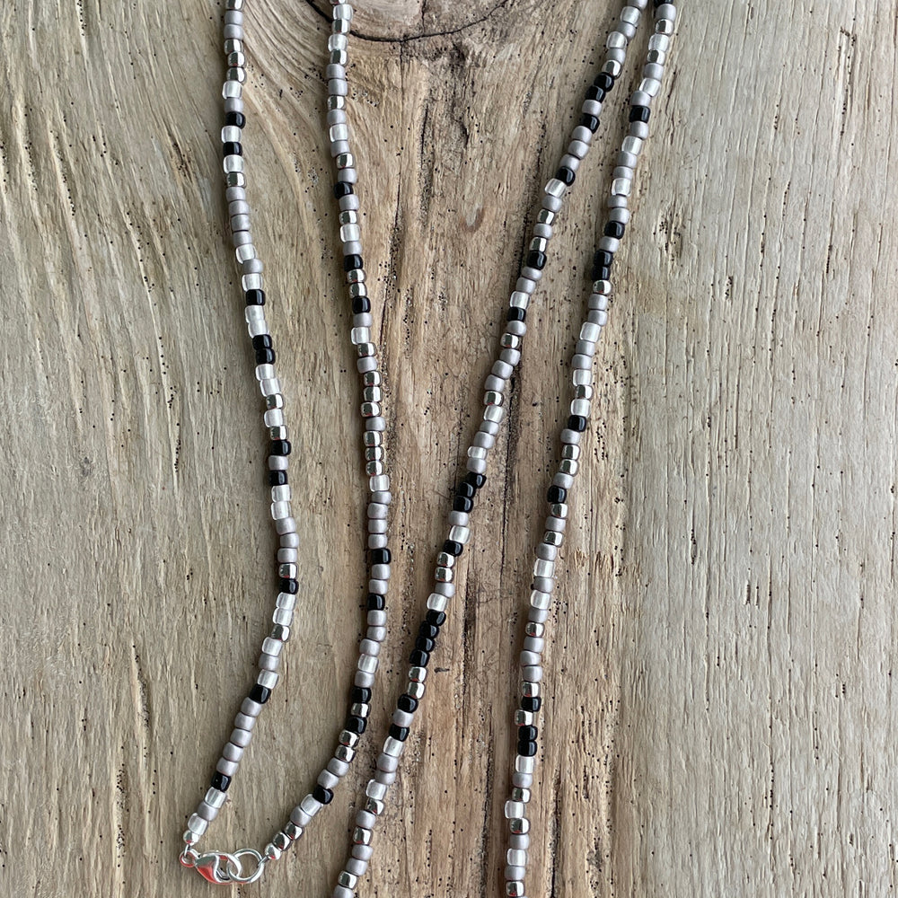 
                      
                        Black Silver & White Seed Bead Necklace, Thin 2mm Single Strand
                      
                    