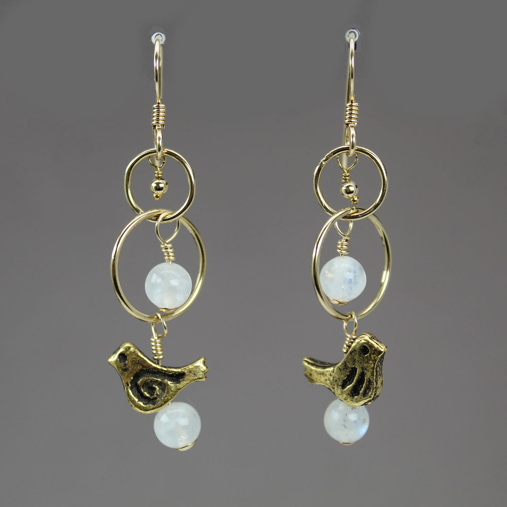 Handmade Moonstone and Gold Bird Dangle Earrings