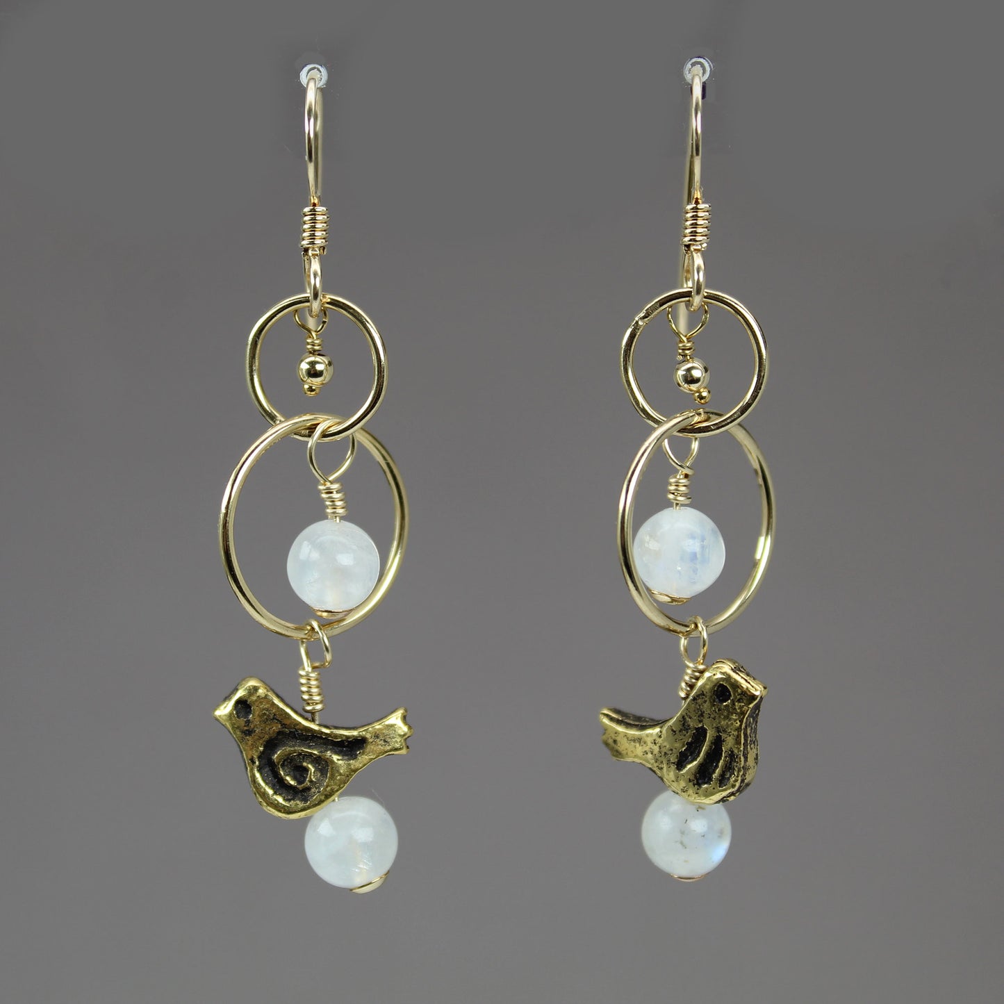 Handmade Moonstone and Gold Bird Dangle Earrings