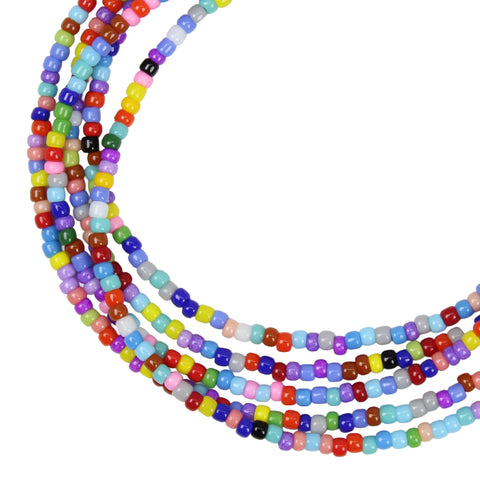Handmade rainbow seed bead necklace with sterling silver clasp in a bright hippy style