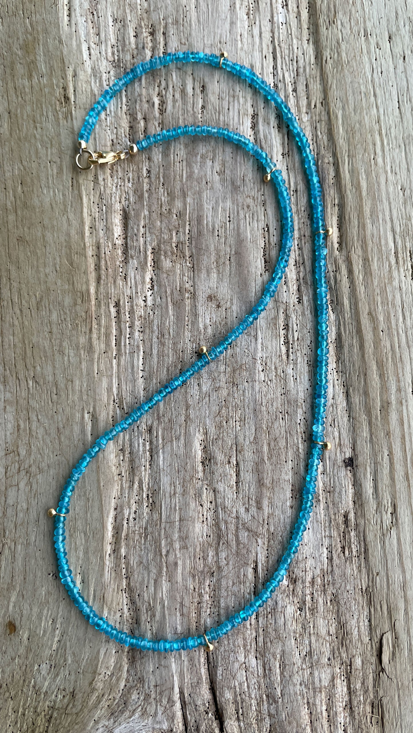 Neon Apatite Bead Necklace with Gold Accents, 16" Long