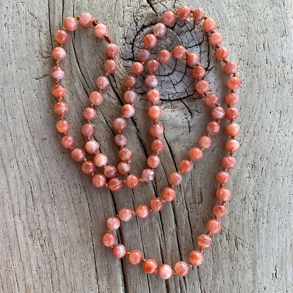 Sunstone Bead Necklace, Hand Knotted 28 Inch