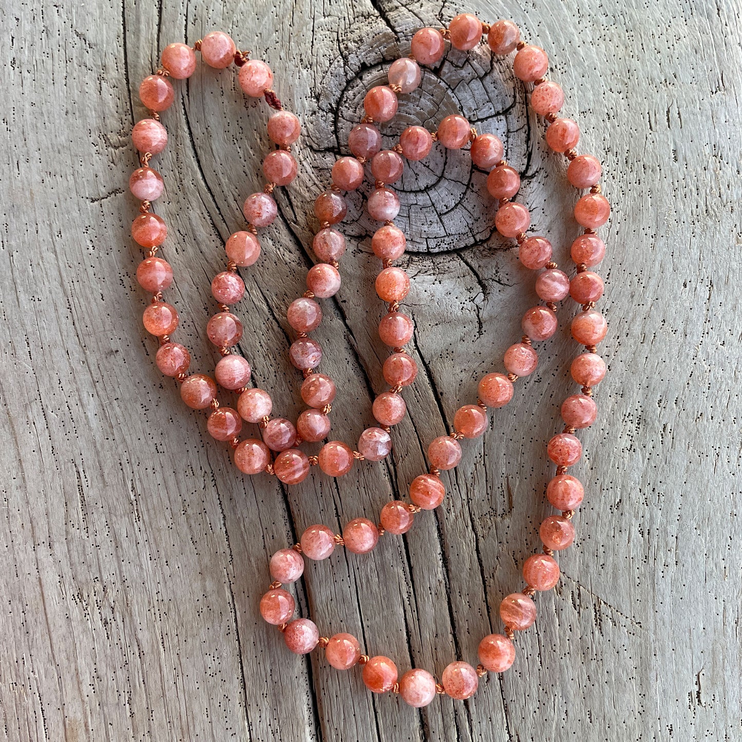 Sunstone Bead Necklace, Hand Knotted 28 Inch