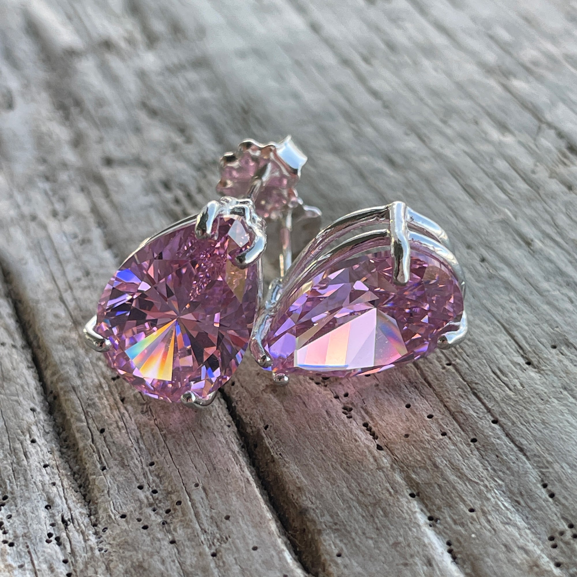 Pear Shaped CZ Stud Earrings in Sterling Silver | Pink or Amethyst